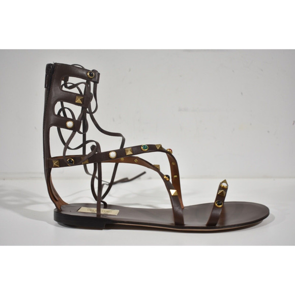 Valentino Rockstud Brown Beaded Strap Gladiator Lace Up Tie Ankle Flat Sandal 38 - Picture 3 of 12